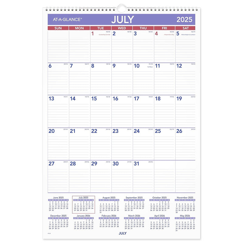 2025-2026 AT-A-GLANCE 15.5" x 22.75" Academic Monthly Wall Calendar, Purple/Red (AY3-28-26)