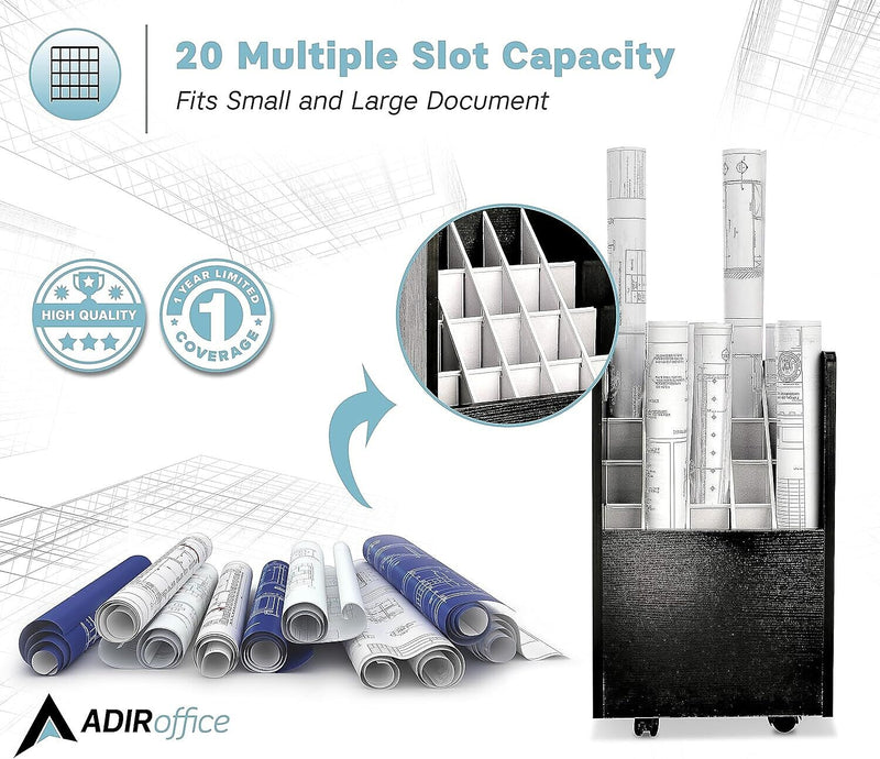 AdirOffice 20-Slot Mobile Roll File, 24.75" H x 15.25" W x 13.25" D, Black (624-BLK-KIT1)