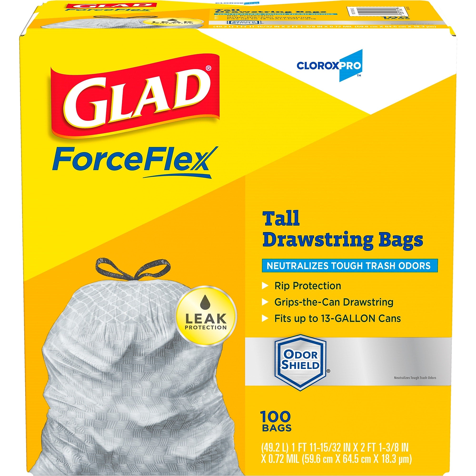 CloroxPro Glad ForceFlex 13 Gallon Tall Kitchen Trash Bag, 23.75" x 24.88", Low Density, .72 mil, Gray, 100/Box (70427)
