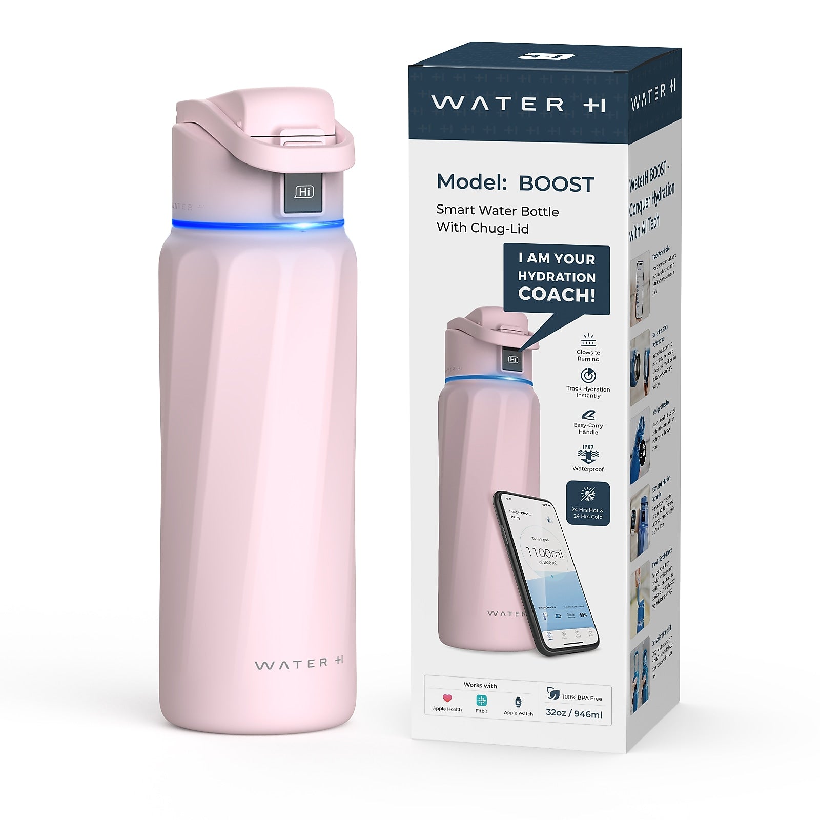 WaterH BOOST Stainless Steel Triple Wall Insulated Smart Water Bottle, 32 oz., Pink (B003PK)