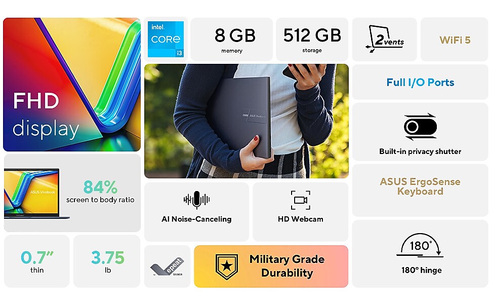 ASUS Vivobook 15 FHD 15.6" Laptop, Intel Core i3-1315U, 8GB RAM, 512GB SSD, Windows 11 (F1504VA-SB31)