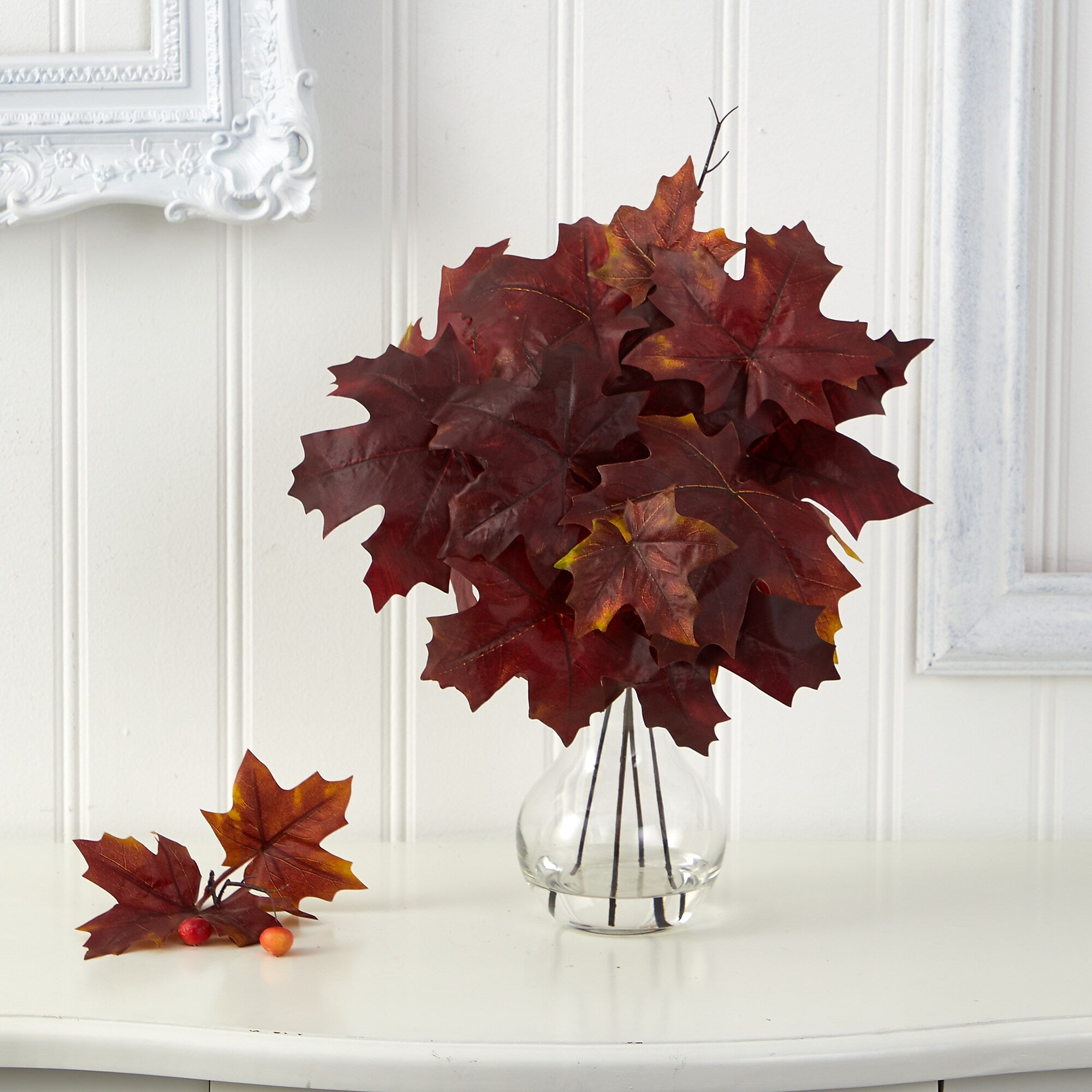 Nearly Natural 18" Autumn Maple Leaf Artificial Plant in Glass Planter (P1541-BG)