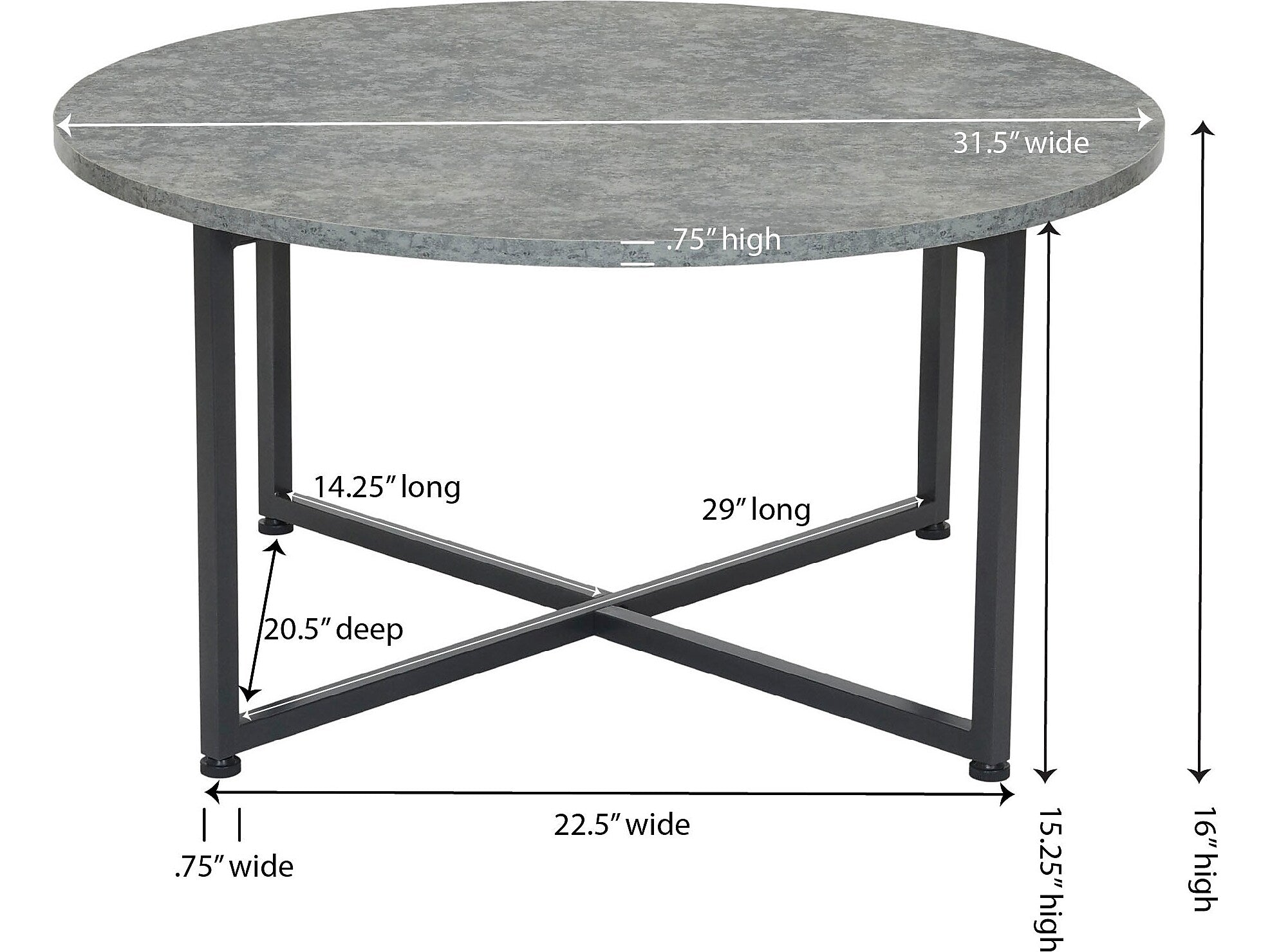 Household Essentials Jamestown 31.5"Dia. Laminate Round Coffee Table, Rustic Slate Concrete/Black (8096-1)