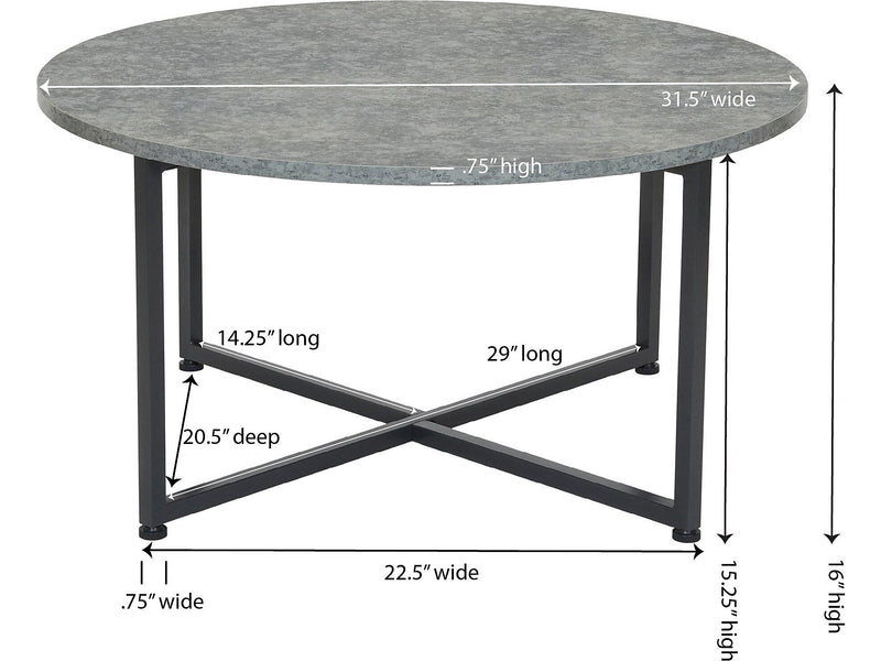 Household Essentials Jamestown 31.5"Dia. Laminate Round Coffee Table, Rustic Slate Concrete/Black (8096-1)