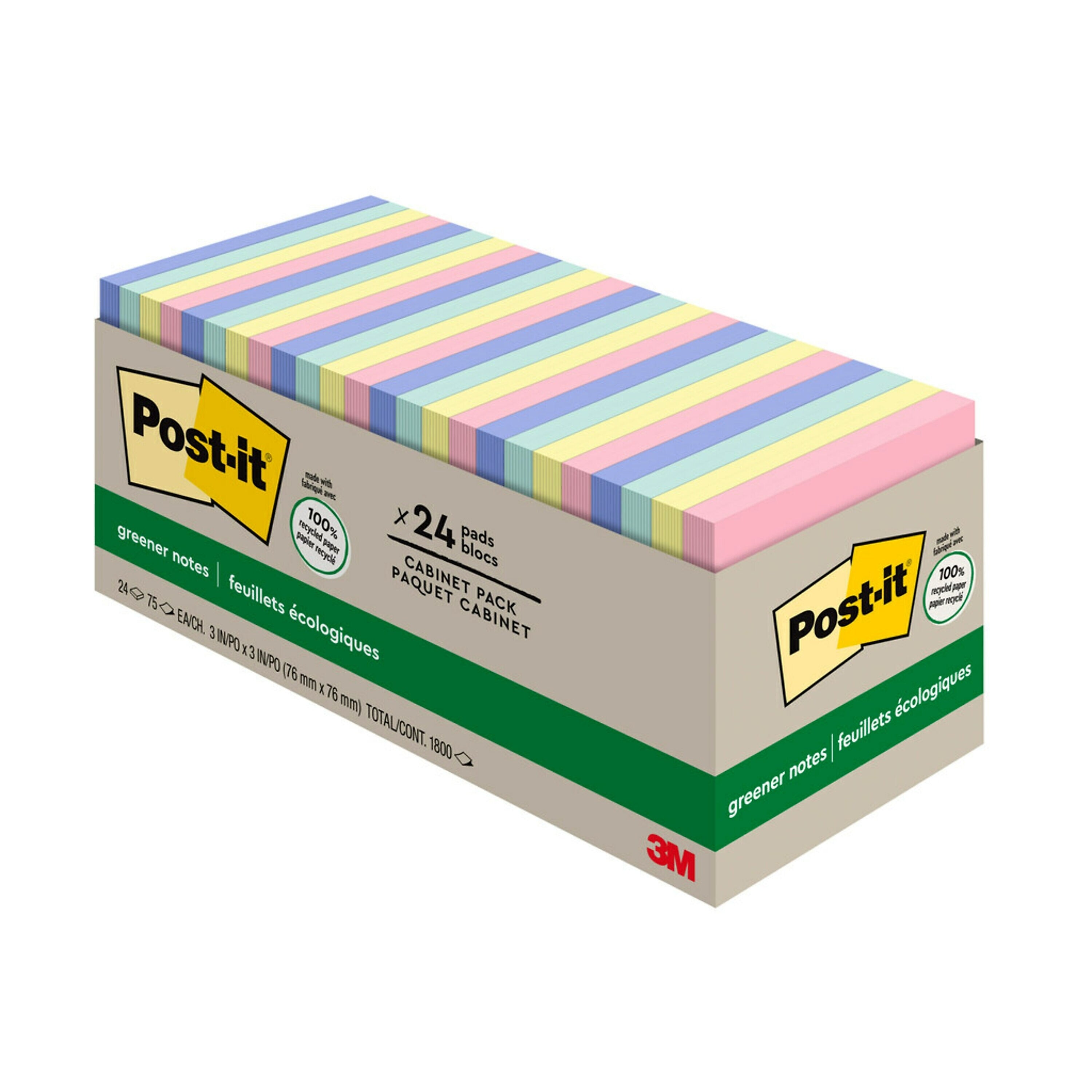 Post-it Recycled Notes, 3" x 3", Sweet Sprinkles Collection, 75 Sheet/Pad, 24 Pads/Pack (654R24CPAP)