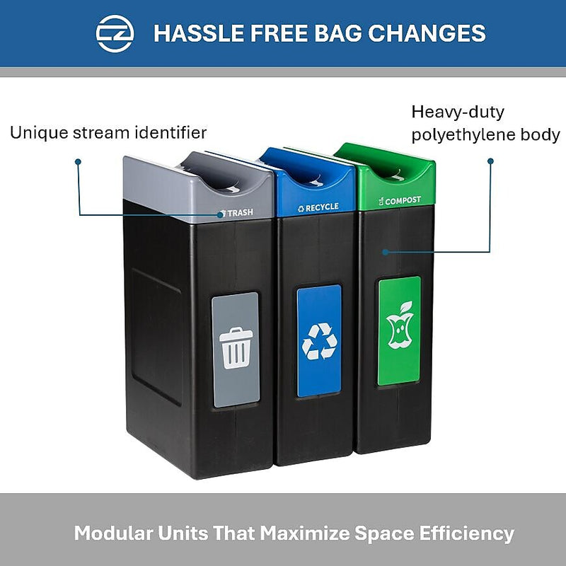 Commercial Zone Avante Black Three-Stream Trash/Recycling/Compost Bin Combo, 90 Gallon, Black (787305MSA)