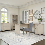 Bush Furniture Salinas 60"W L Shaped Desk with Lateral File Cabinet and 5 Shelf Bookcase, Antique White (SAL003AW)