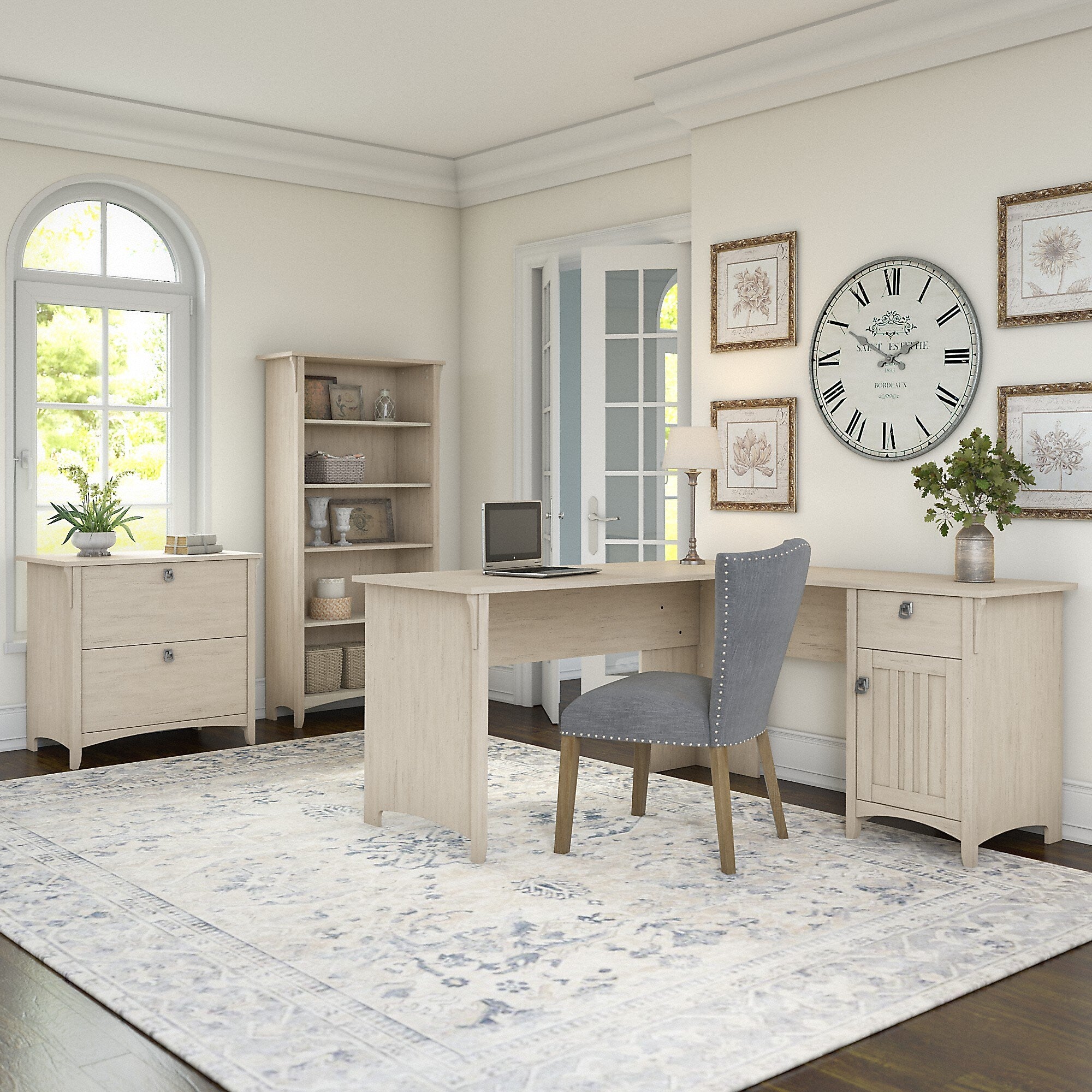 Bush Furniture Salinas 60"W L Shaped Desk with Lateral File Cabinet and 5 Shelf Bookcase, Antique White (SAL003AW)