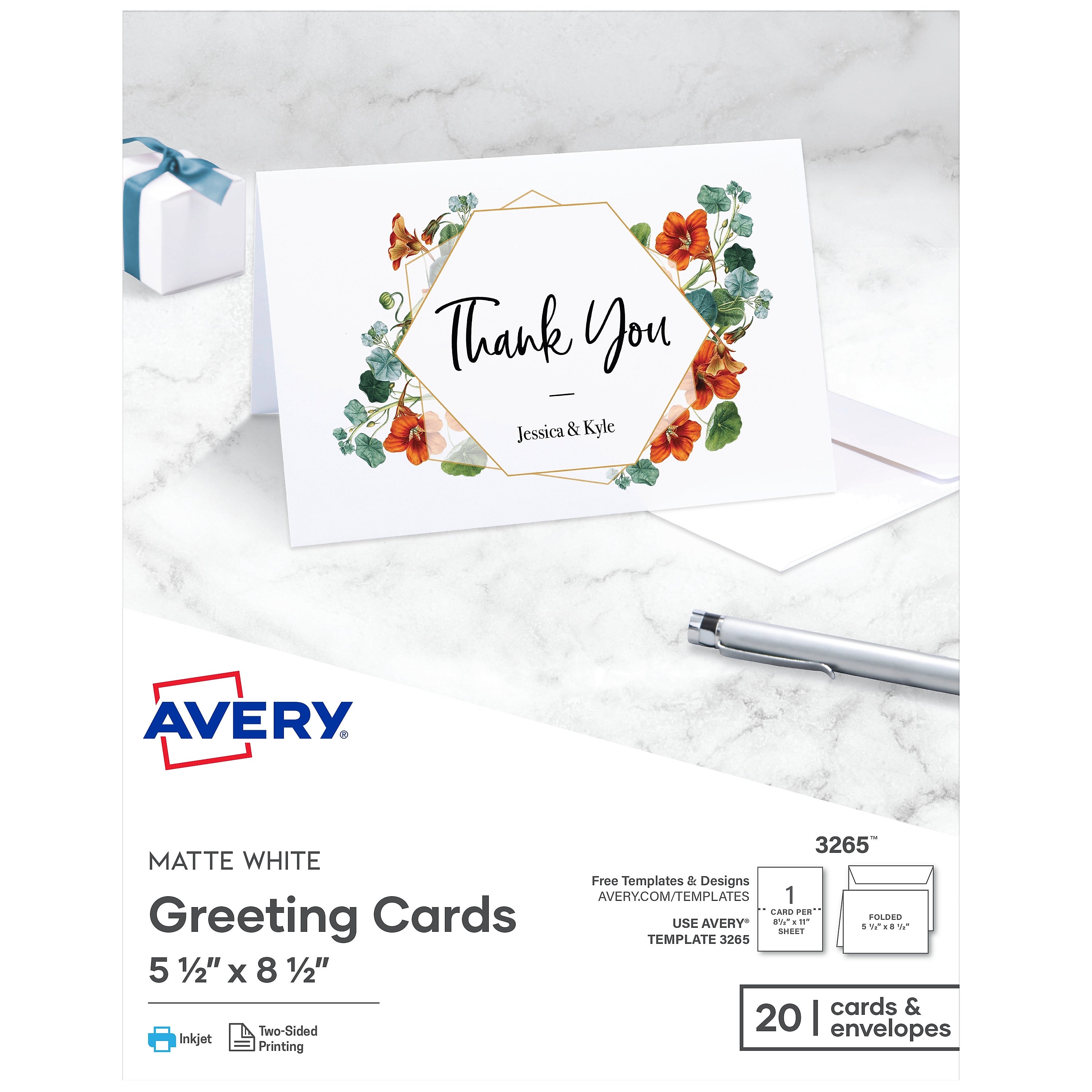 Avery Half-Fold Greeting Cards with Envelopes, 5.5" x 8.5", Matte White, Inkjet, 20/Pack (03265)