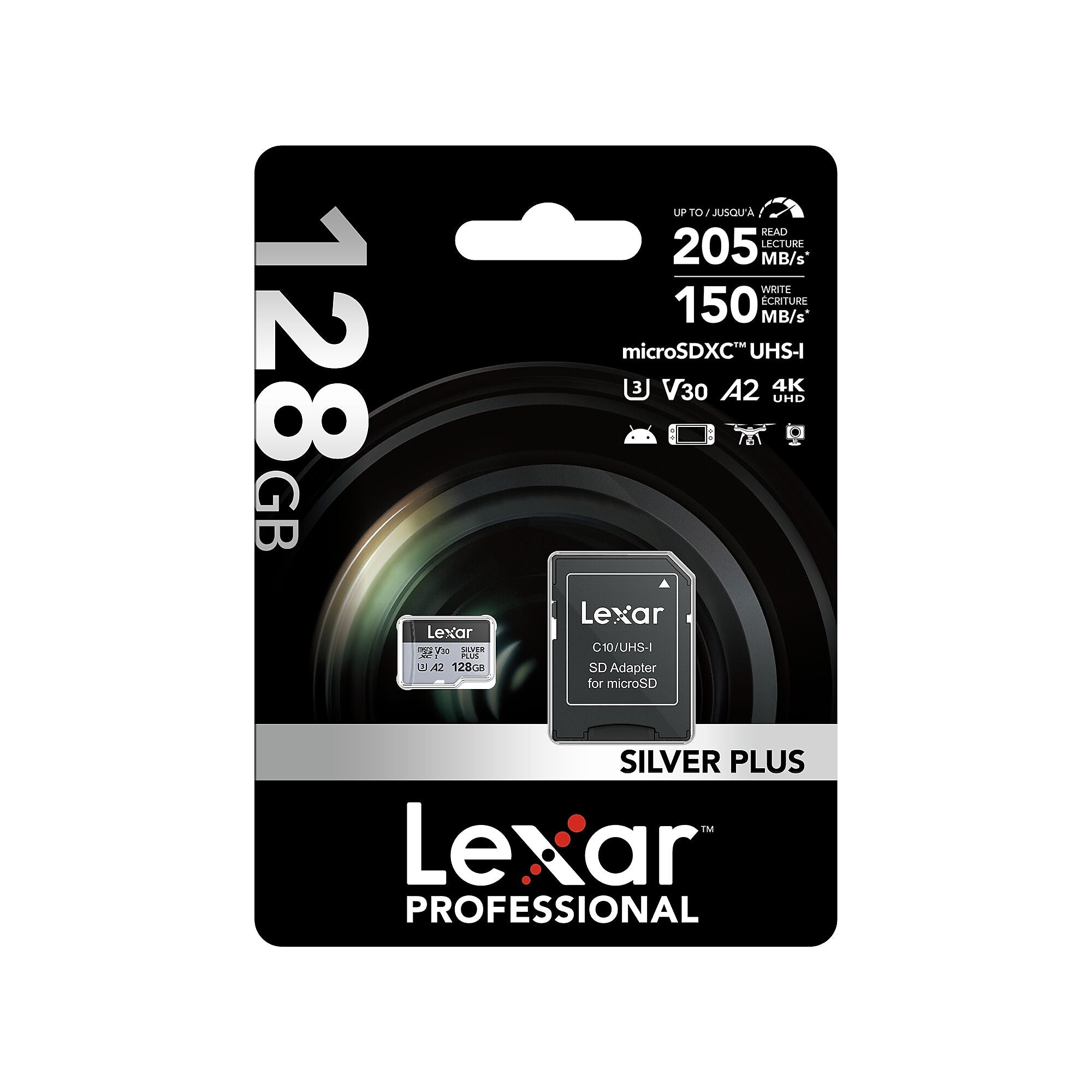 Lexar Professional Silver Plus 128GB microSDXC Memory Card with Adapter, Class 10, UHS-I, V30 (LMSSIPL128G-BNANU)