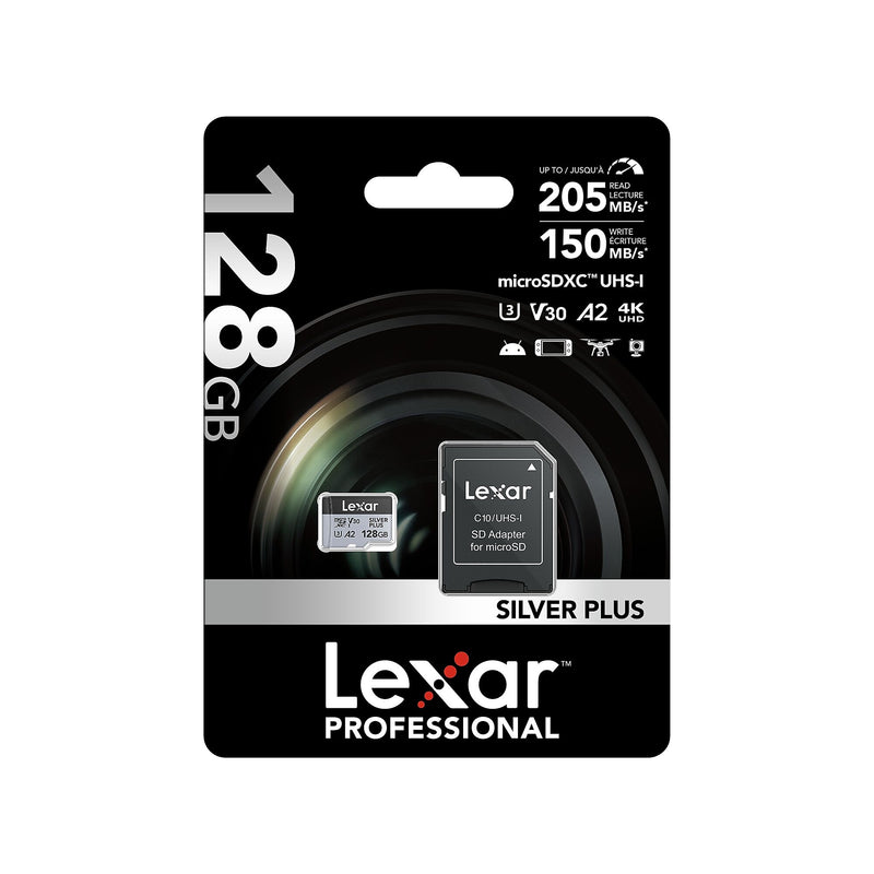 Lexar Professional Silver Plus 128GB microSDXC Memory Card with Adapter, Class 10, UHS-I, V30 (LMSSIPL128G-BNANU)