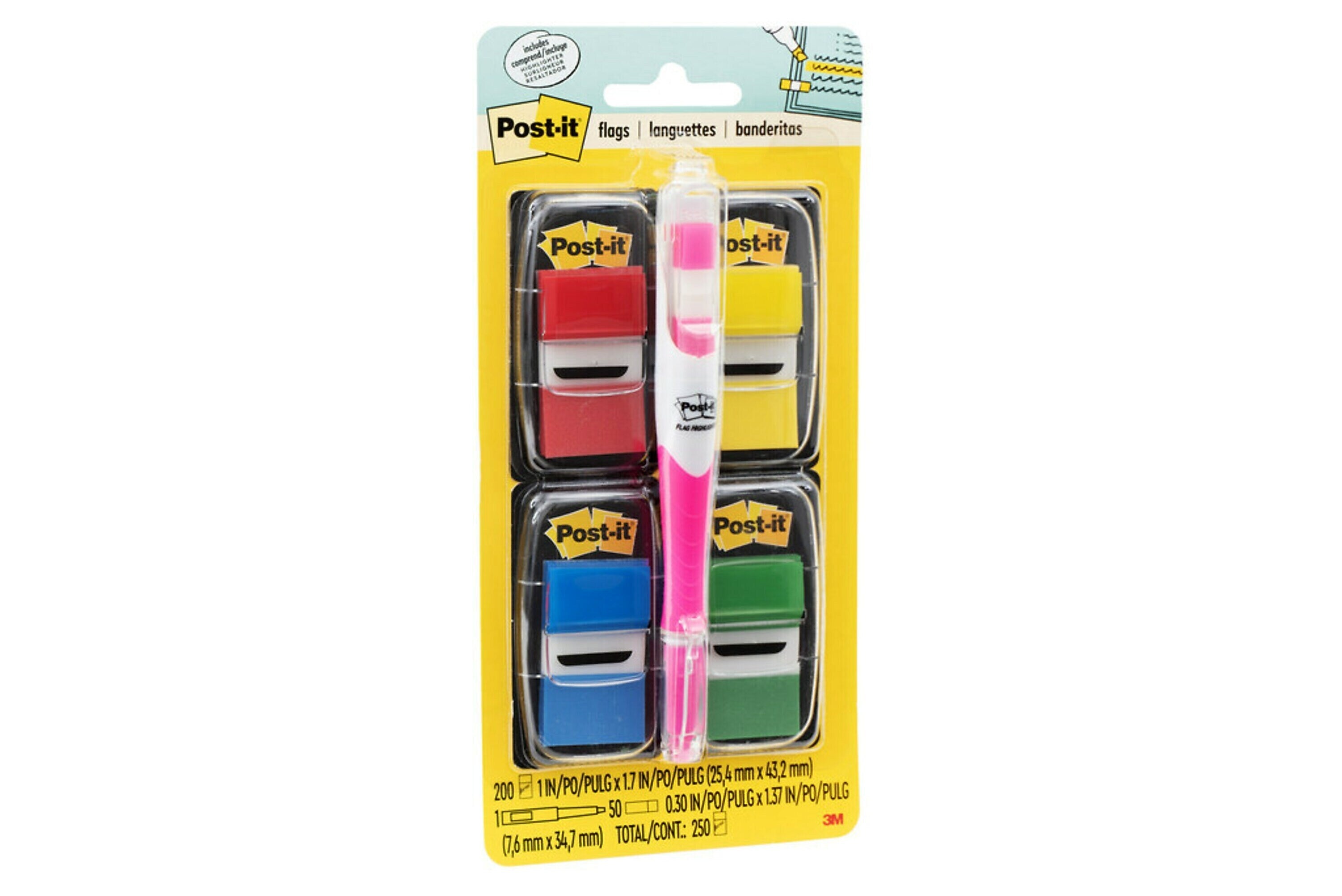 Post-it Flags Value Pack, .94" Wide, Assorted Colors, 200 Flags/Pack plus Flag + Highlighter (680-RYBGVA)