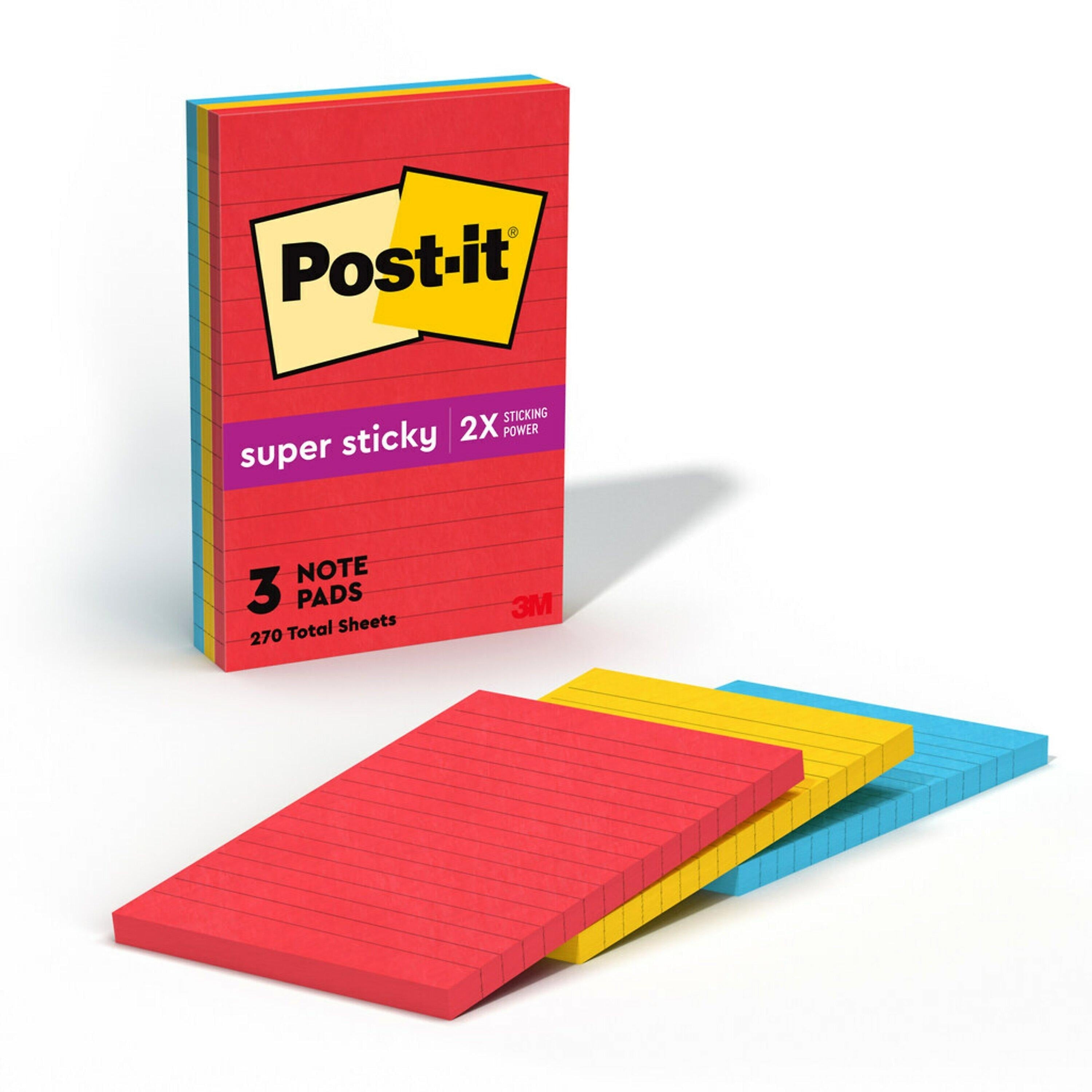 Post-it Super Sticky Notes, 4" x 6", Playful Primaries Collection, Lined, 90 Sheet/Pad, 3 Pads/Pack (6603SSAN)