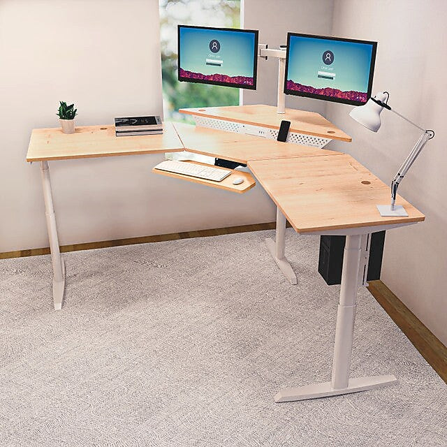 VersaDesk PowerLift 72"W Electric Corner Adjustable Standing Desk, Maple/Black (PLCSD7260-BM-APP)