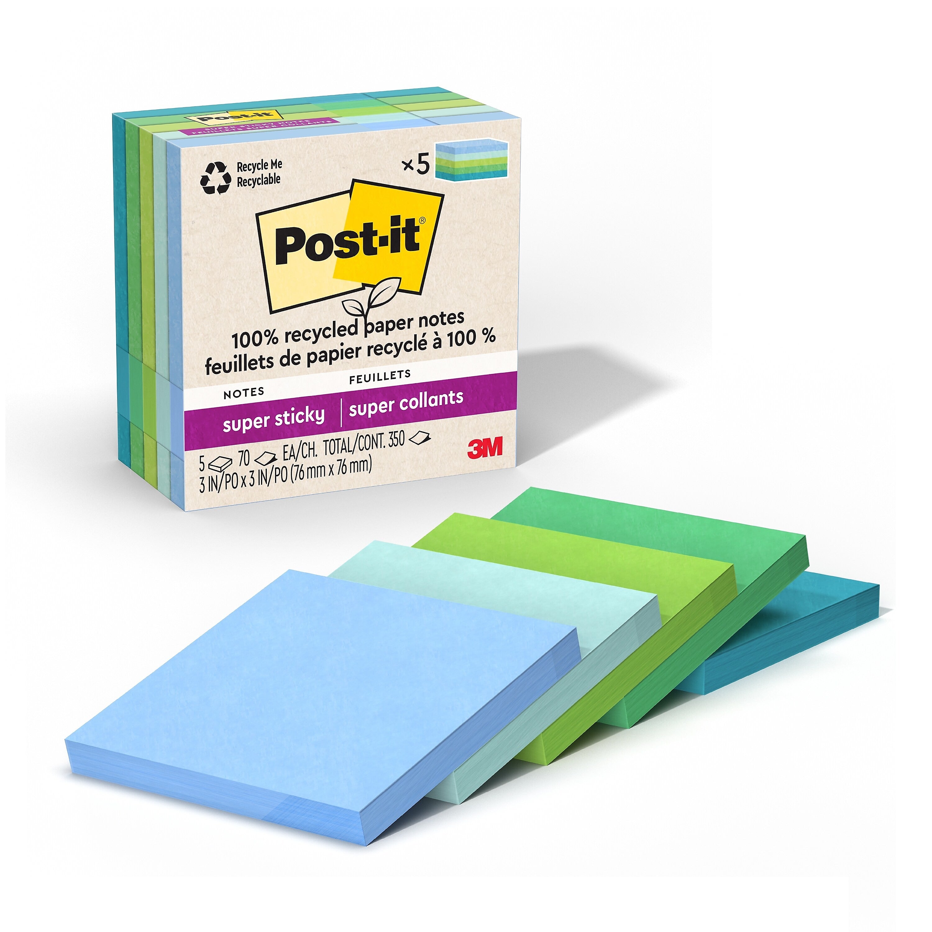 Post-it Oasis Recycled Super Sticky Notes, 3" x 3", Oasis Collection, 70 Sheets/Pad, 5 Pads/Pack (654R-5SST)