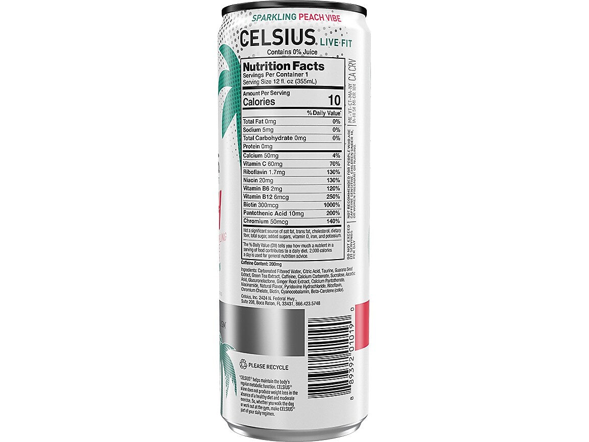 Celsius Sugar-Free Peach Vibe Sparkling Energy Drink, 12 fl. oz., 12 Cans/Carton (01043)