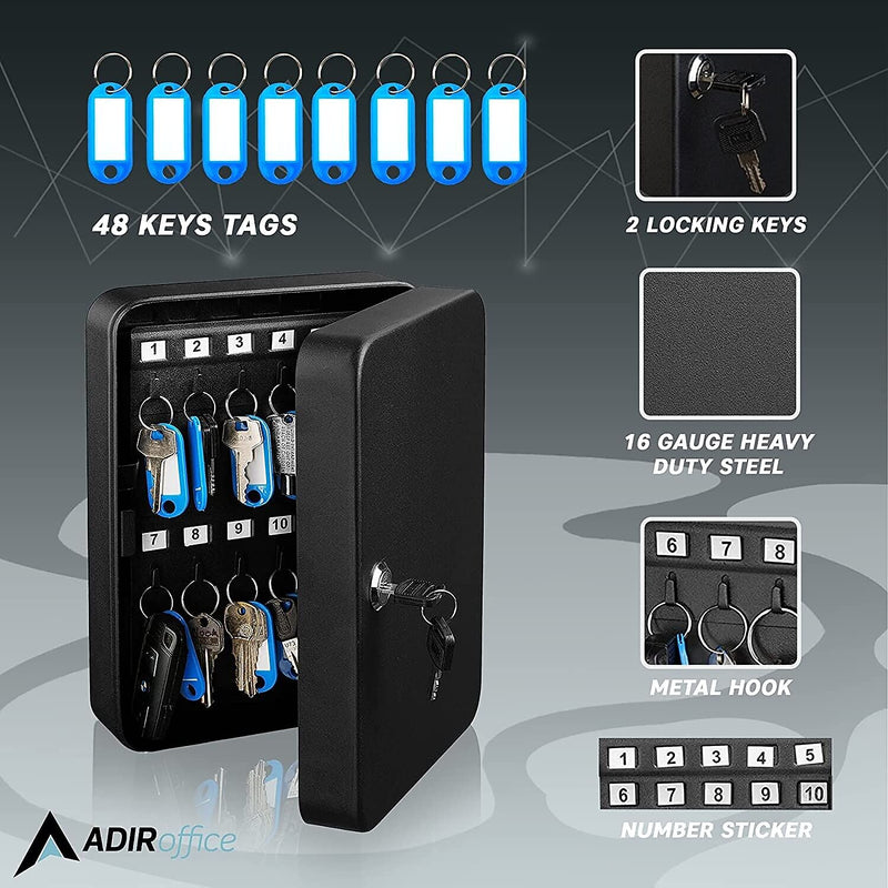 AdirOffice 48-Key Cabinet with Key Lock and Key Tags, Black (681-48-BLK-PKG)