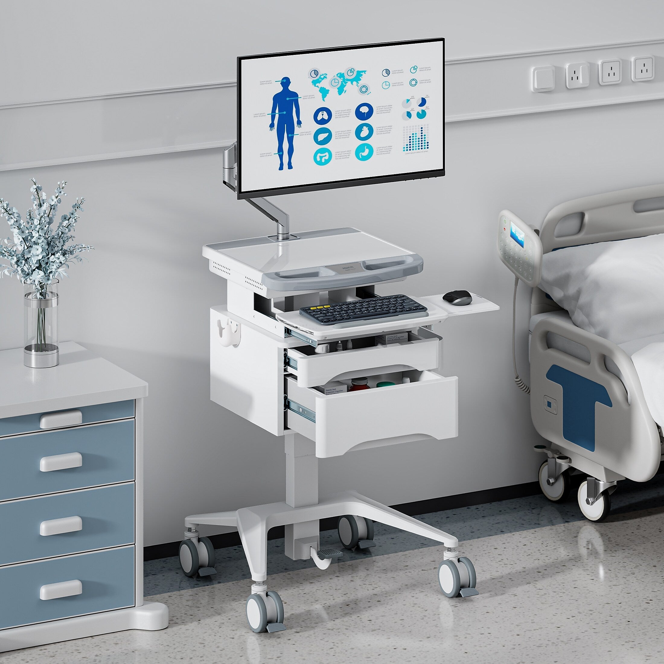 Mount-It! MedHub Mobile Medical Cart Workstation with Drawers, Monitor arm, and Locking Caster Wheels, White/Grey (MI-16026)
