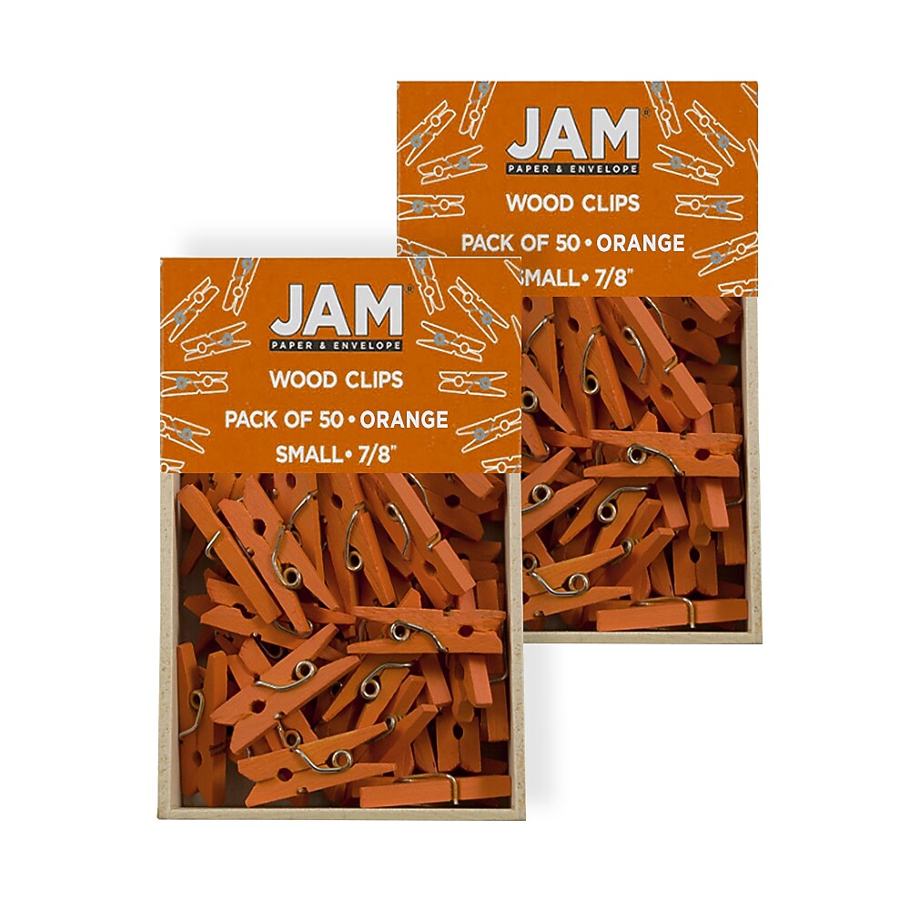 JAM Paper Wood Clip Small Wood Clothespins, Orange, 2 Packs of 50 (230729133A)
