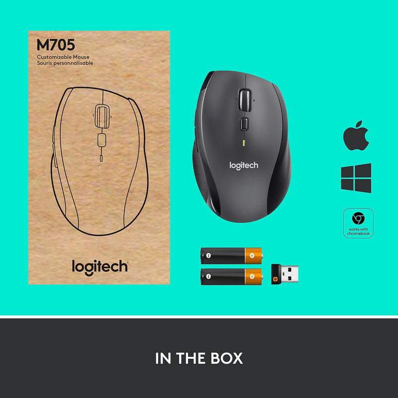 Logitech M705 Marathon Wireless Ergonomic Optical USB Mouse, Charcoal (910-001935)