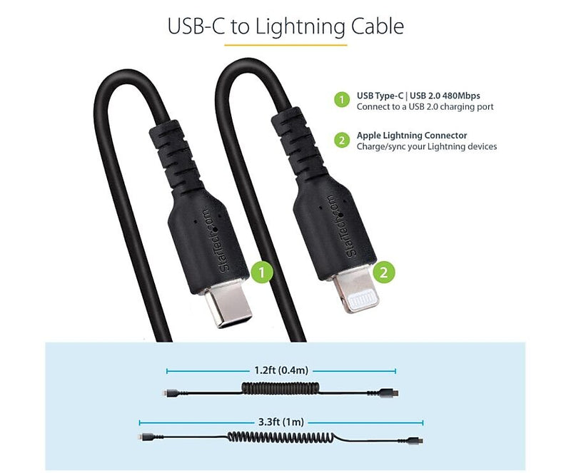 StarTech USB-C to Lightning MFi Certified Coiled iPhone Charger Cable, 3 ft., Black (RUSB2CLT1MBC)