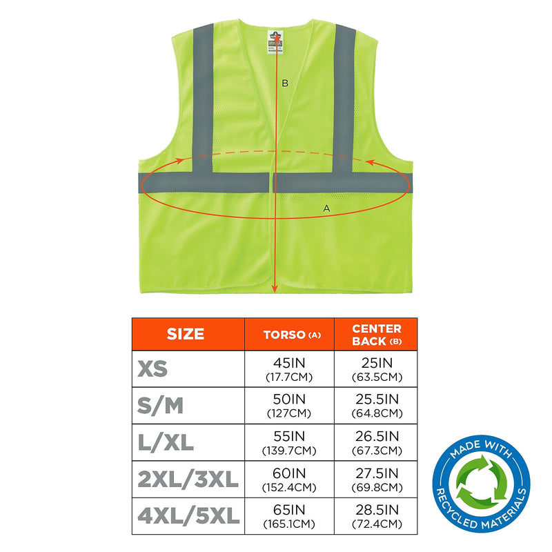 GloWear 8205HL-ECO High Visibility Sleeveless Vest, ANSI Type R Class 2, Lime, XS, (21981)