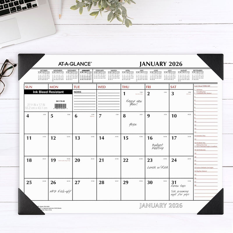 2026 AT-A-GLANCE 21.75" x 17" Monthly Desk Pad Calendar, White/Black (SK1170-00-26)