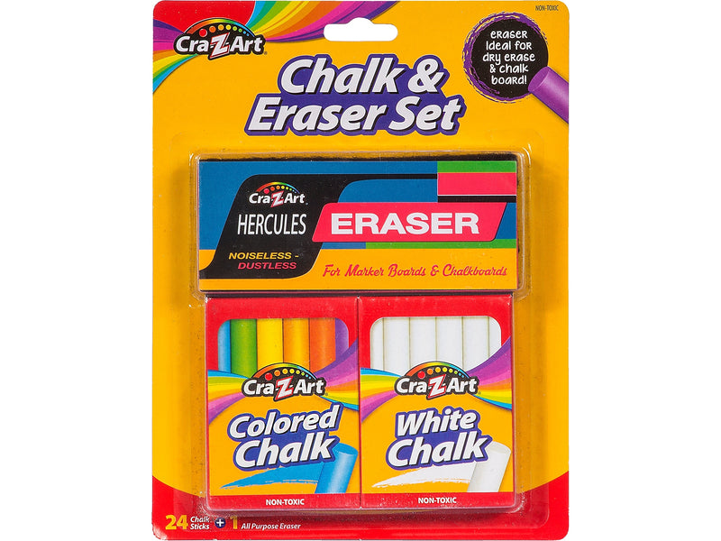 Cra-Z-Art Chalk Sticks with Eraser, Assorted Colors, 24/Set (10874-24)