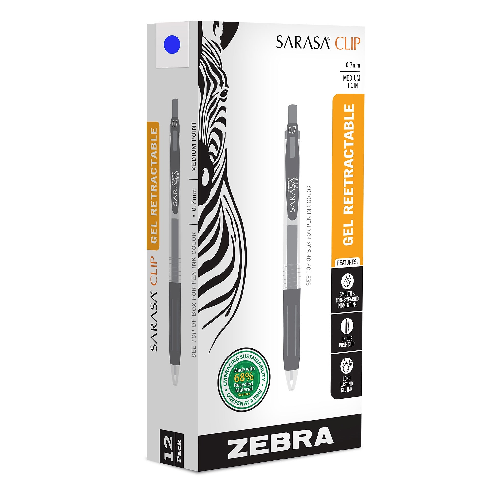 Zebra Sarasa Clip Retractable Gel Pen, Medium Point, 0.7mm, Blue Ink, Dozen (ZEB48720)