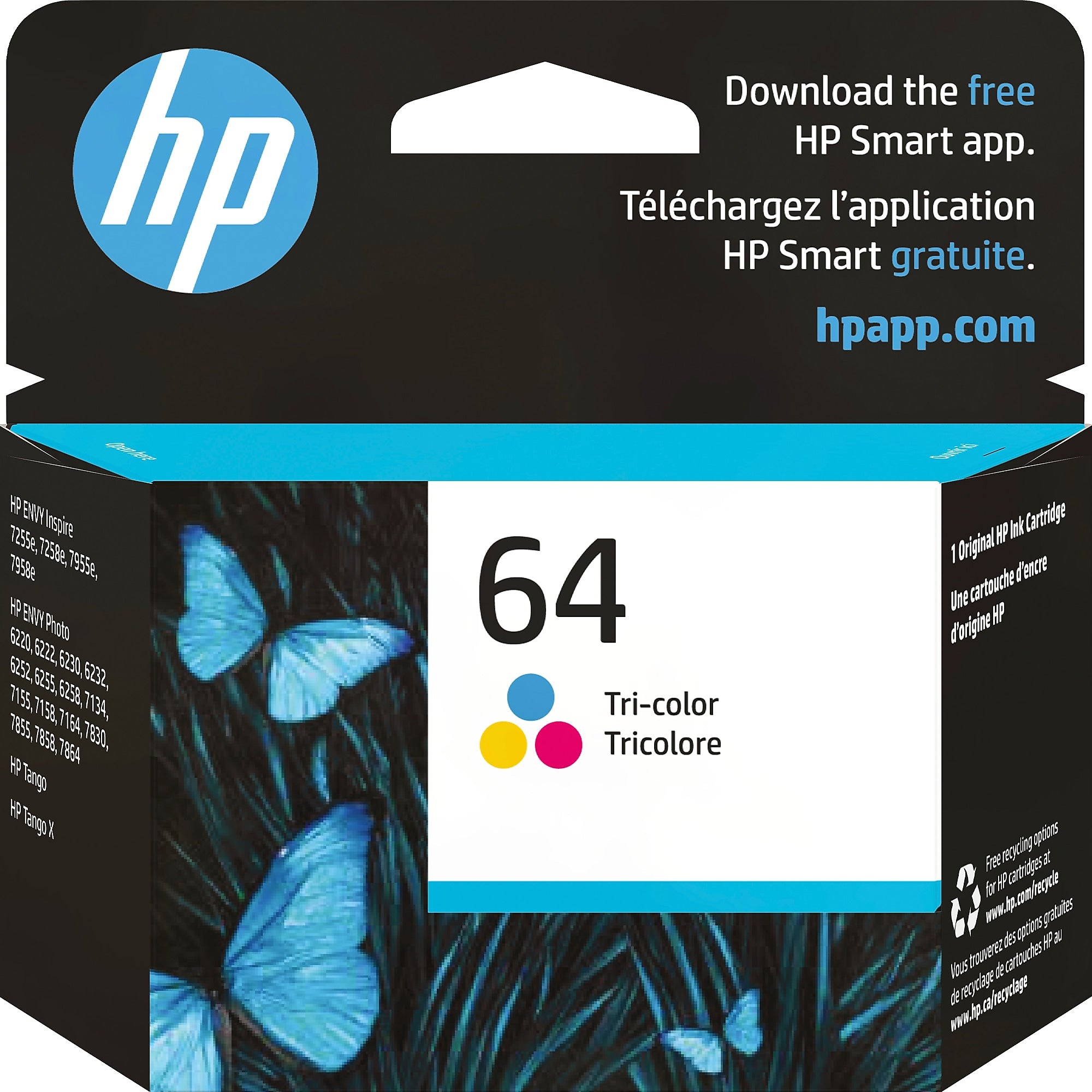 HP 64 Tri-Color Standard Yield Ink Cartridge, Prints Up to 165 Pages (N9J89AN#140)