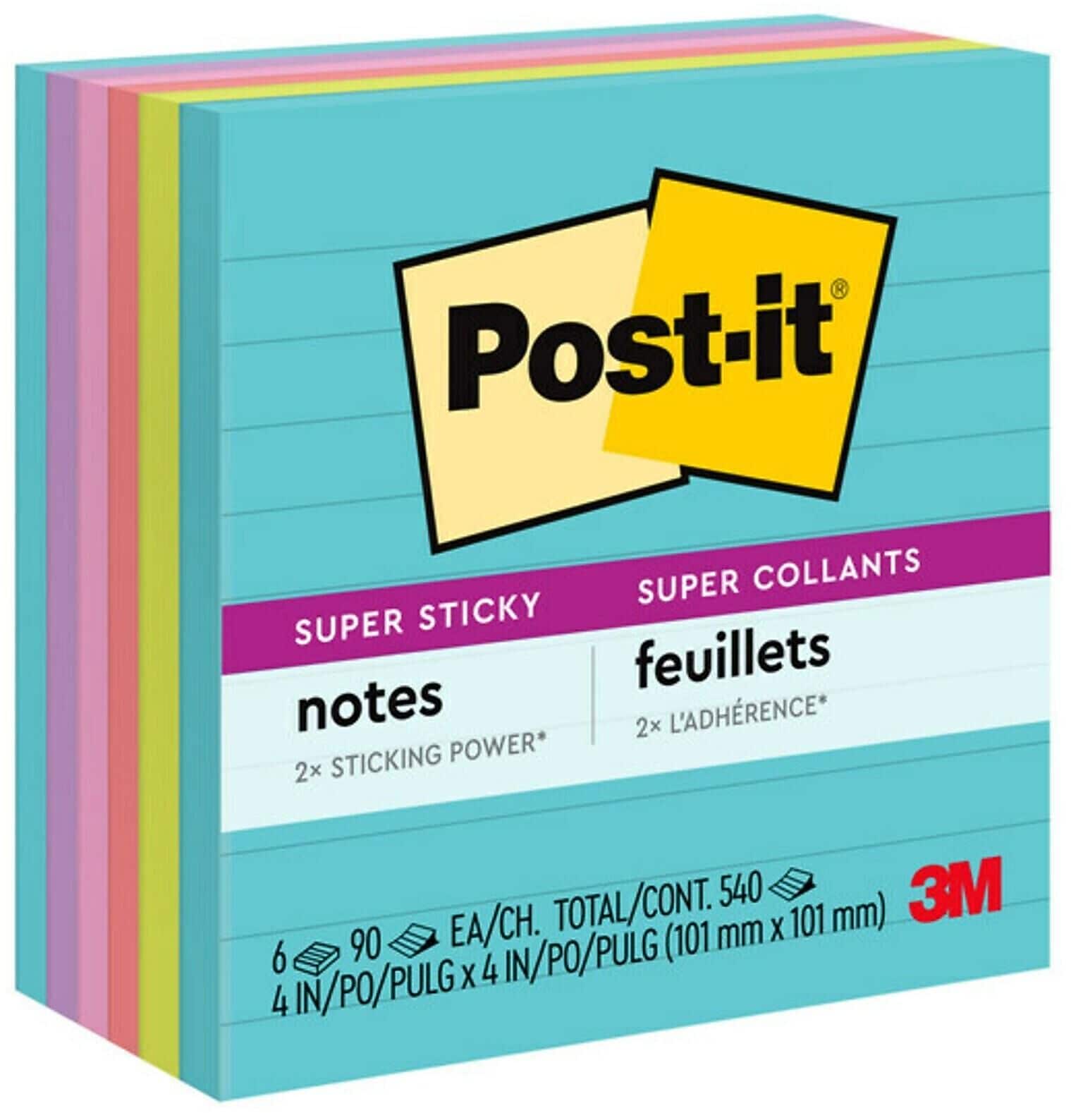 Post-it Super Sticky Notes, 4" x 4", Supernova Neons Collection, Lined, 90 Sheet/Pad, 6 Pads/Pack (675-6SSMIA)