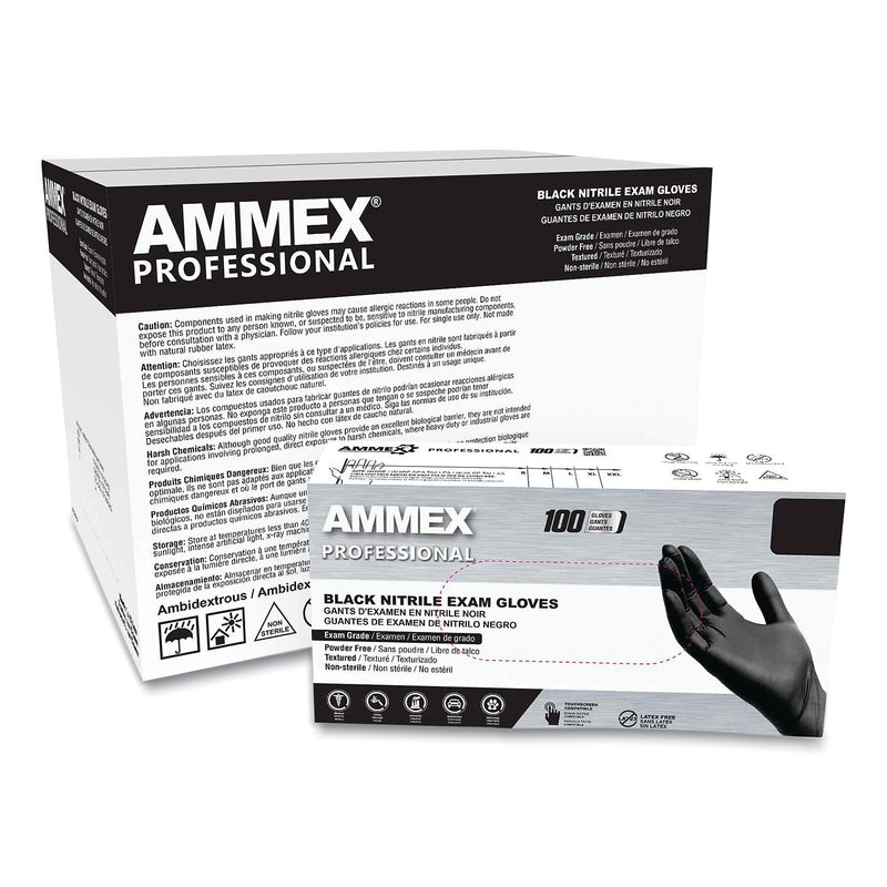 AMMEX Professional Nitrile Exam Gloves, Powder-Free, 3 mil, Small, Black, 100/Box, 10 Boxes/Carton
