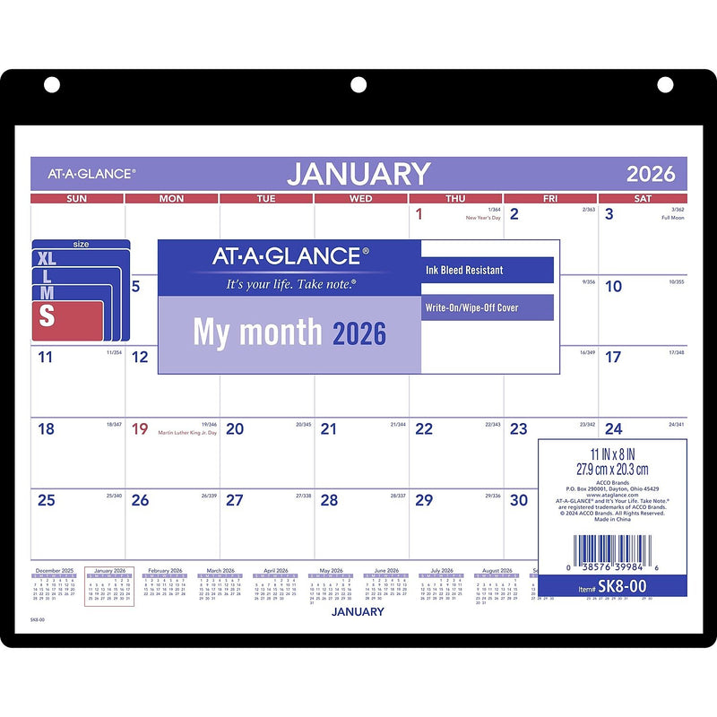 2026 AT-A-GLANCE 11" x 8" Wet-Erase Desk or Wall Calendar, White/Purple (SK8-00-26)