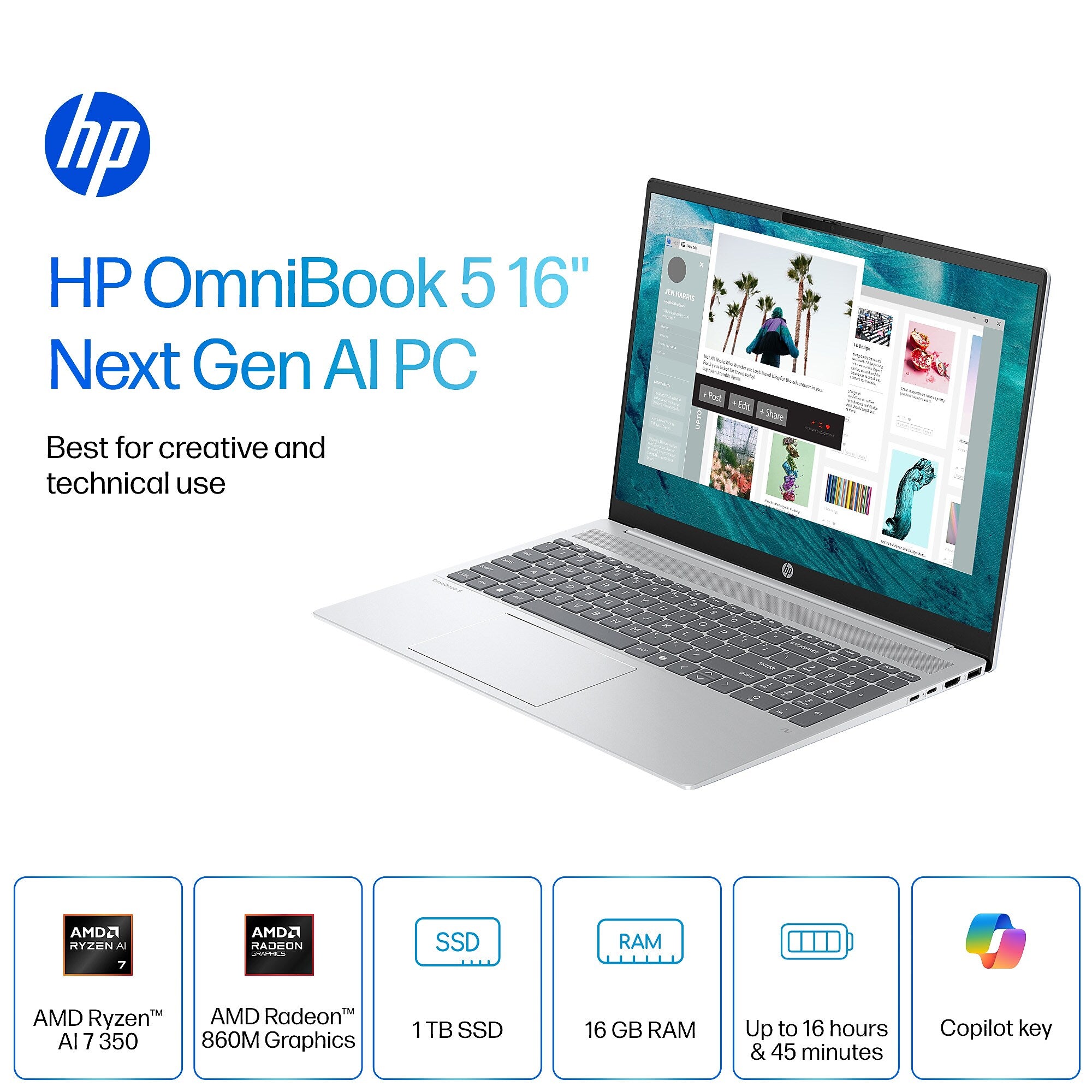 HP OmniBook 5 16" 2K Laptop, Copilot+ PC, AMD Ryzen AI 7 350, 16GB RAM, 1TB SSD, +16.75 Hour Battery, Windows 11 Home
