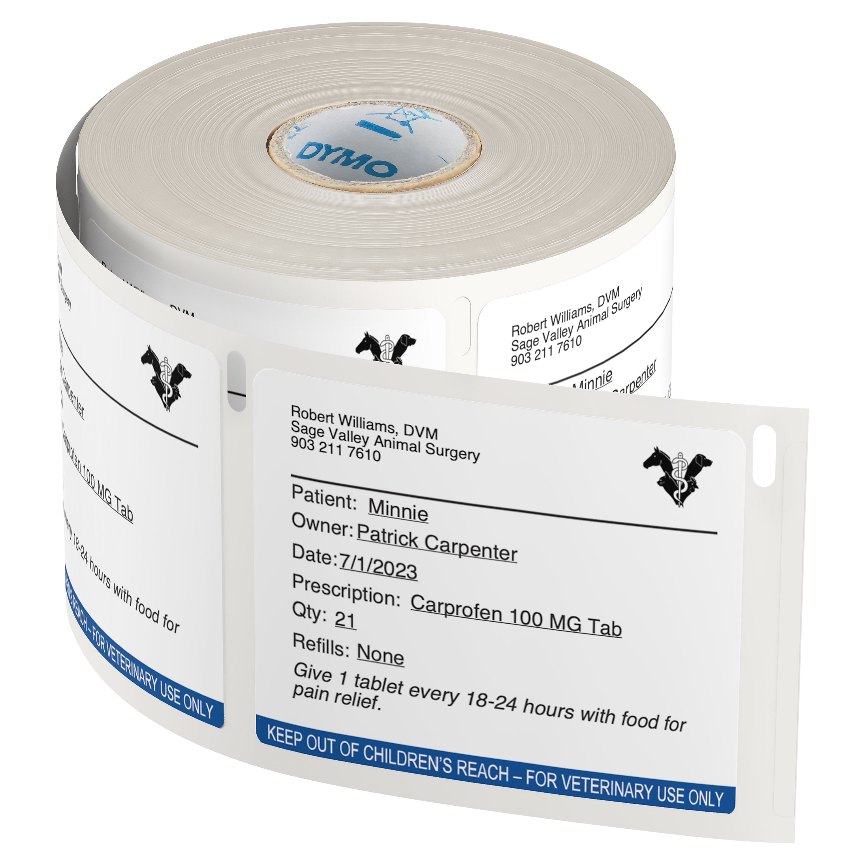 DYMO® LabelWriter™ Veterinary Prescription Labels, 2-3/4" x 2-1/8,", 400 Labels/Roll, 6 Rolls/Box (2187328)