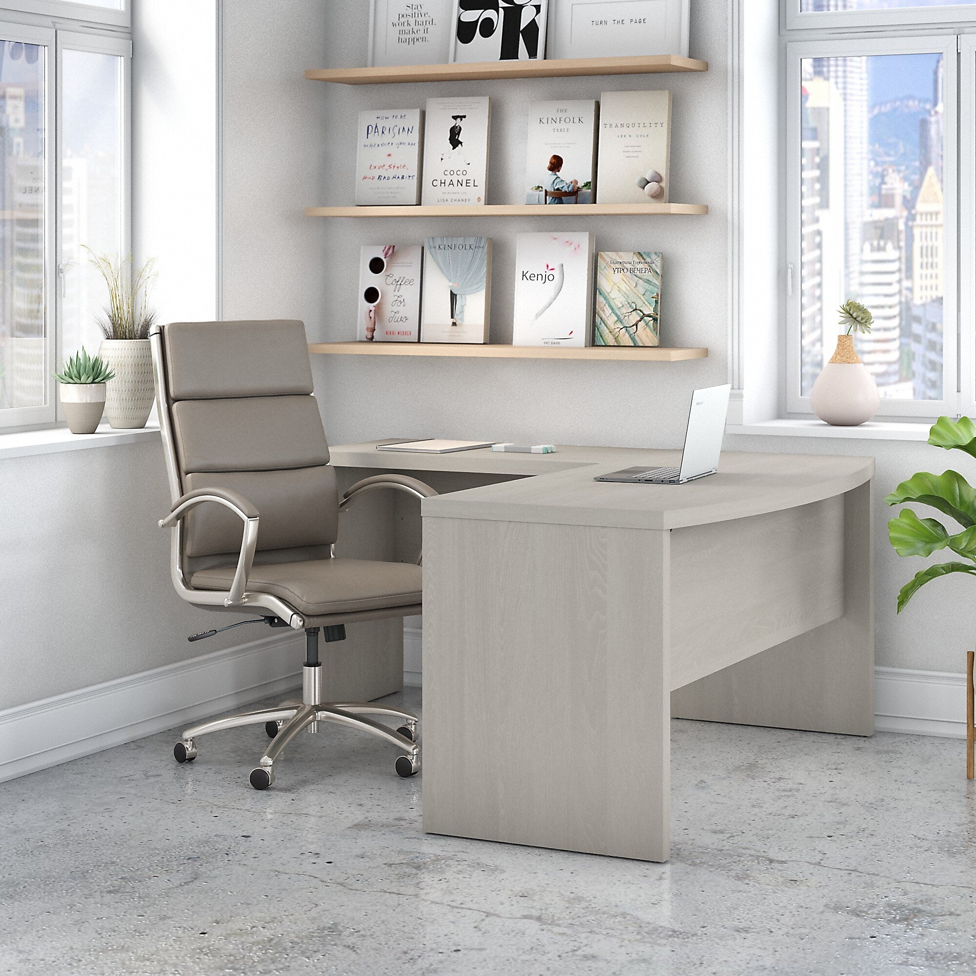 Bush Business Furniture Echo 60"W L Shaped Bow Front Desk, Gray Sand (ECH025GS)