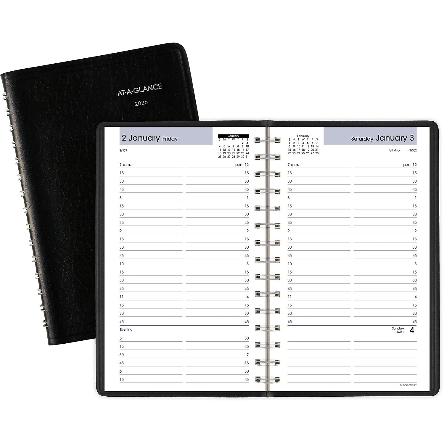 2026 AT-A-GLANCE DayMinder 5" x 8" Daily Appointment Book, Faux Leather Cover, Black (G100-00-26)