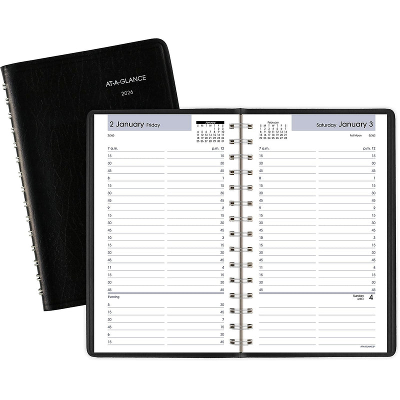 2026 AT-A-GLANCE DayMinder 5" x 8" Daily Appointment Book, Faux Leather Cover, Black (G100-00-26)
