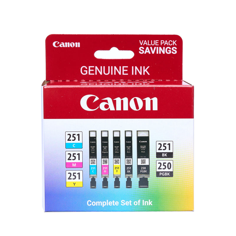 Canon PGI-250/CLI-251 Black/Photo Black/Cyan/Magenta/Yellow Standard Yield Ink Cartridge, 5/Pack (6497B013)