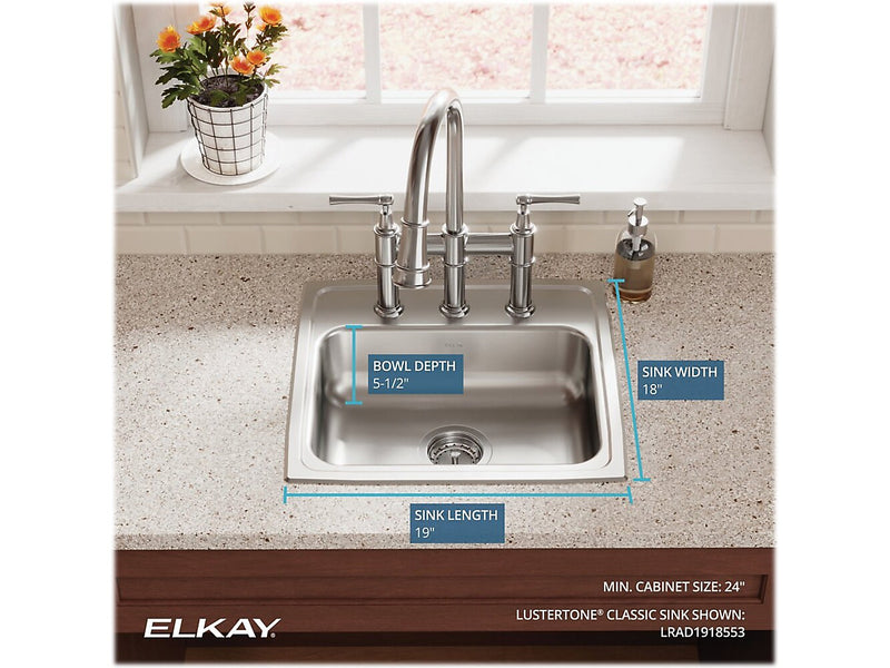 Elkay Lustertone Classic 3-Hole Single-Bowl Drop In Sink, 5.5" x 19" x 18", Stainless Steel, Lustrous Satin (LRAD1918553)