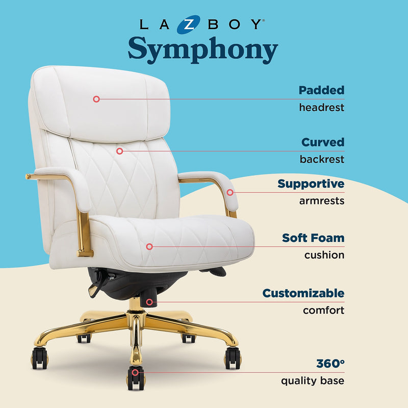 La-Z-Boy Symphony Ergonomic Bonded Leather Swivel Executive Chair, White and Gold (CCHR10013A)