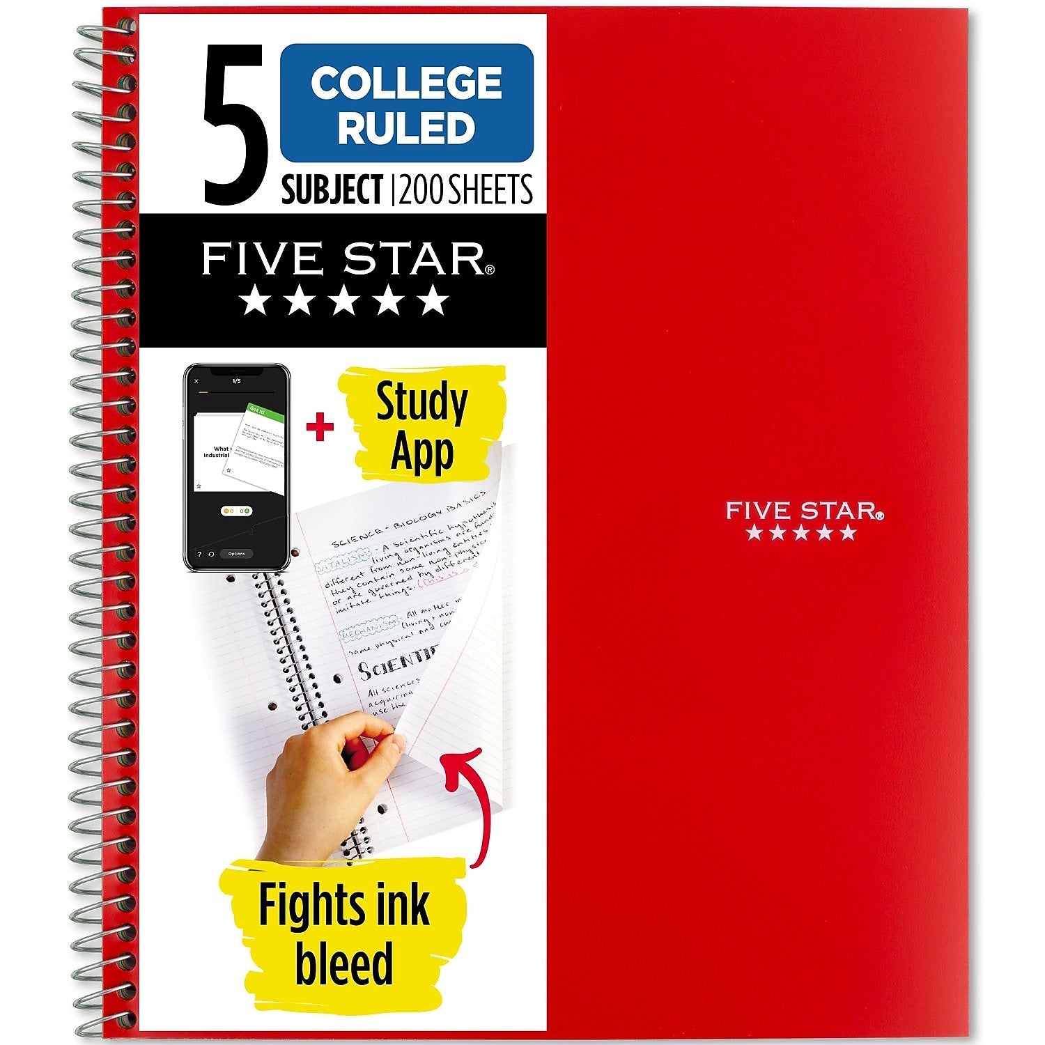 Five Star 5-Subject Notebook, 8.5" x 11", College Ruled, 200 Sheets, Red (72077)