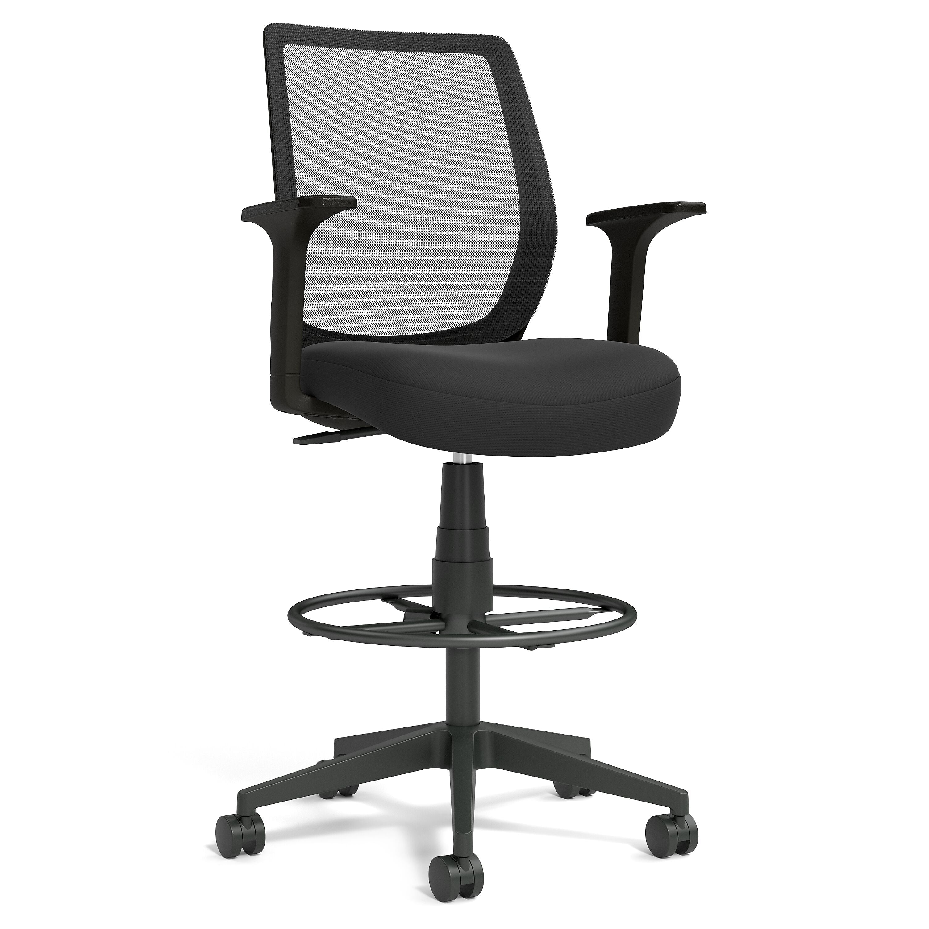 Staples Essentials Fabric Drafting Stool with Backrest and Footrest, Black (UN59384)