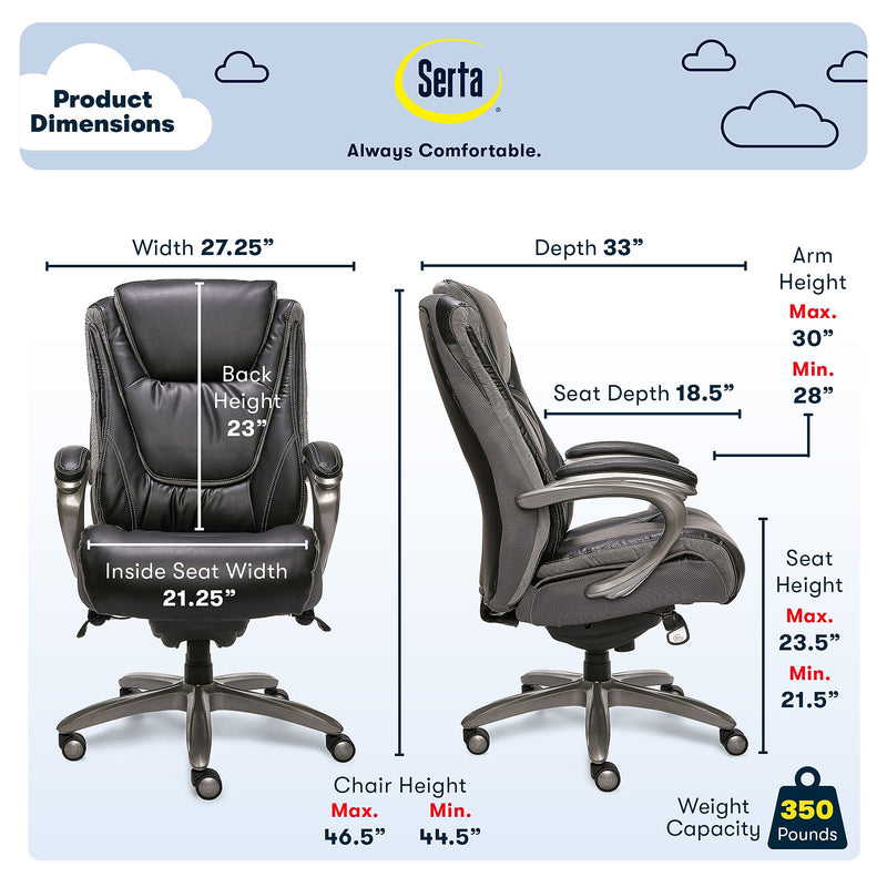 Serta Big & Tall Ergonomic Bonded Leather Swivel Executive Chair, Black/Silver (44951)