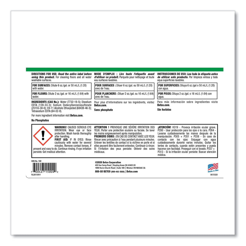 Betco Top Flite All-Purpose Cleaner, Mint Scent, 1 Gal. Bottle, 4/Carton (BET1500400)