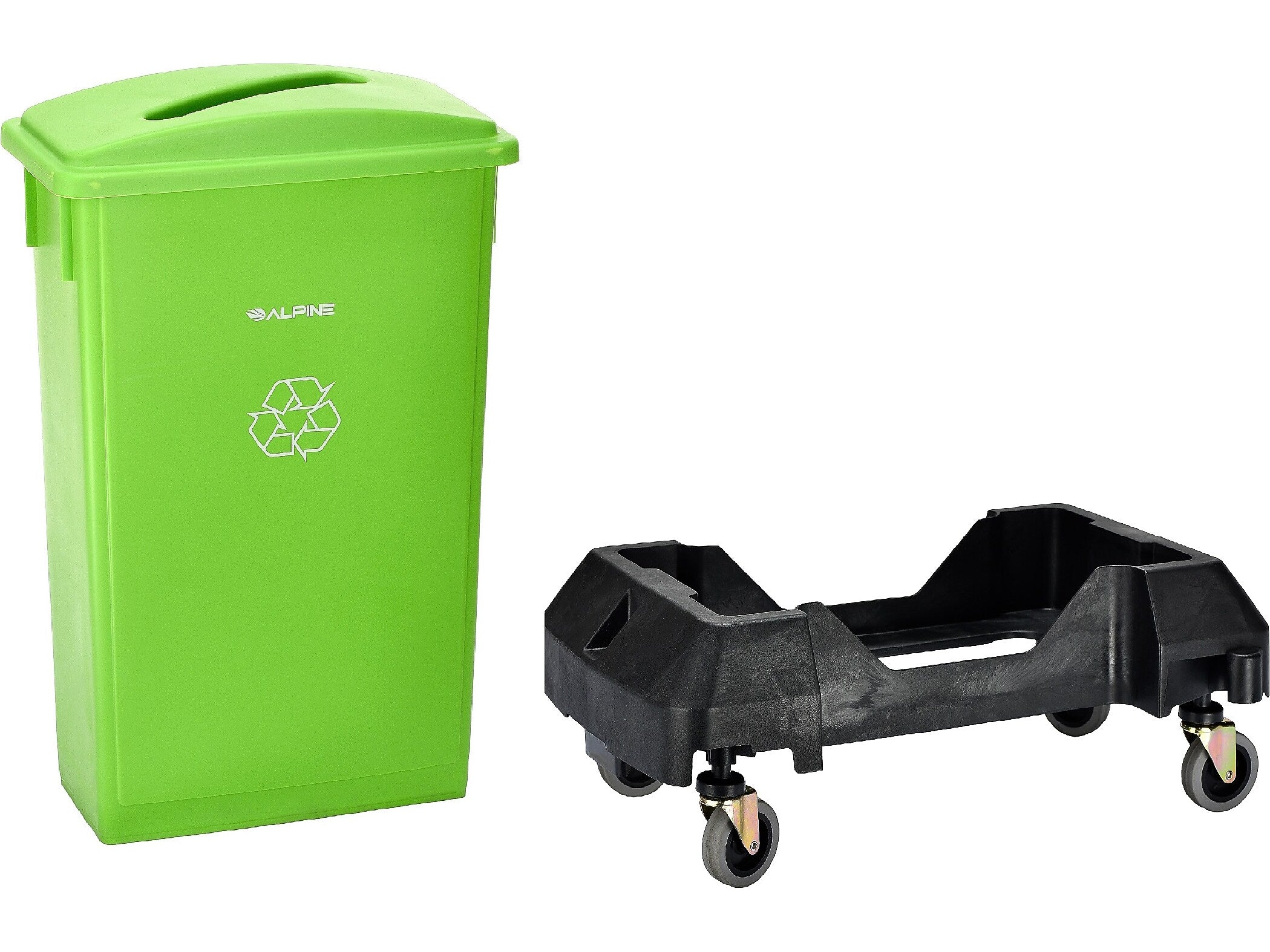 Alpine Industries Polypropylene Recycling Bin with Lid and Dolly, 23 Gallon, Lime Green (ALP477-LGRN4-PKD)