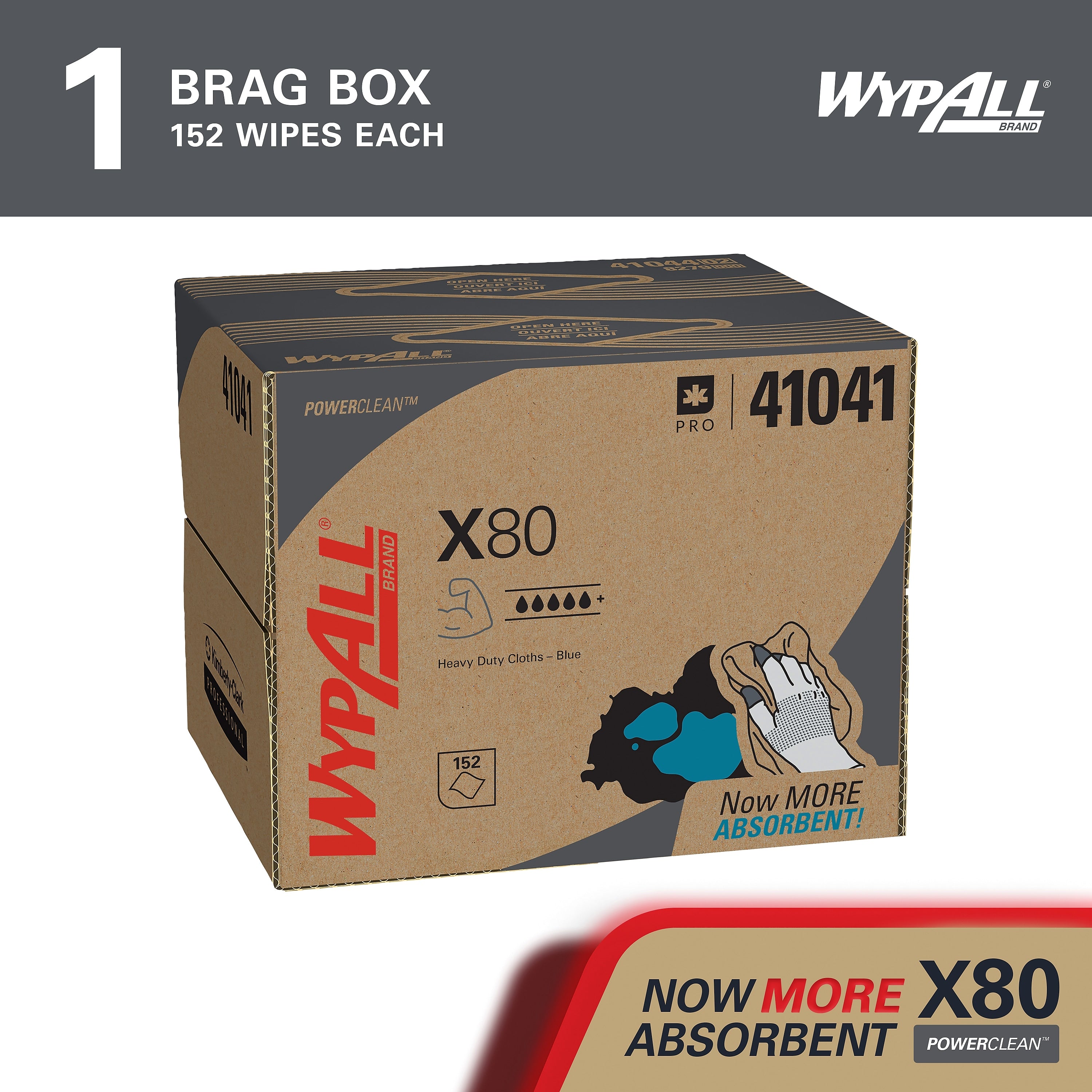 WypAll PowerClean X80 Fabric Cleaning Wipers, 16.8" x 12.5", Blue, 152 Wipers/Box (41041)