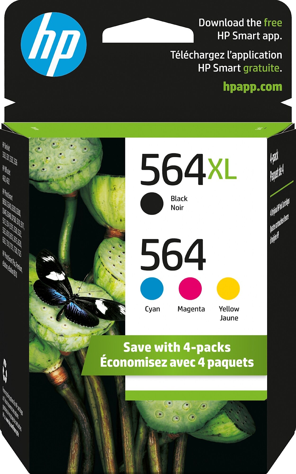 HP 564XL/564 Black High Yield and Cyan/Magenta/Yellow Standard Yield Ink Cartridge, 4/Pack (N9H60FN#140)