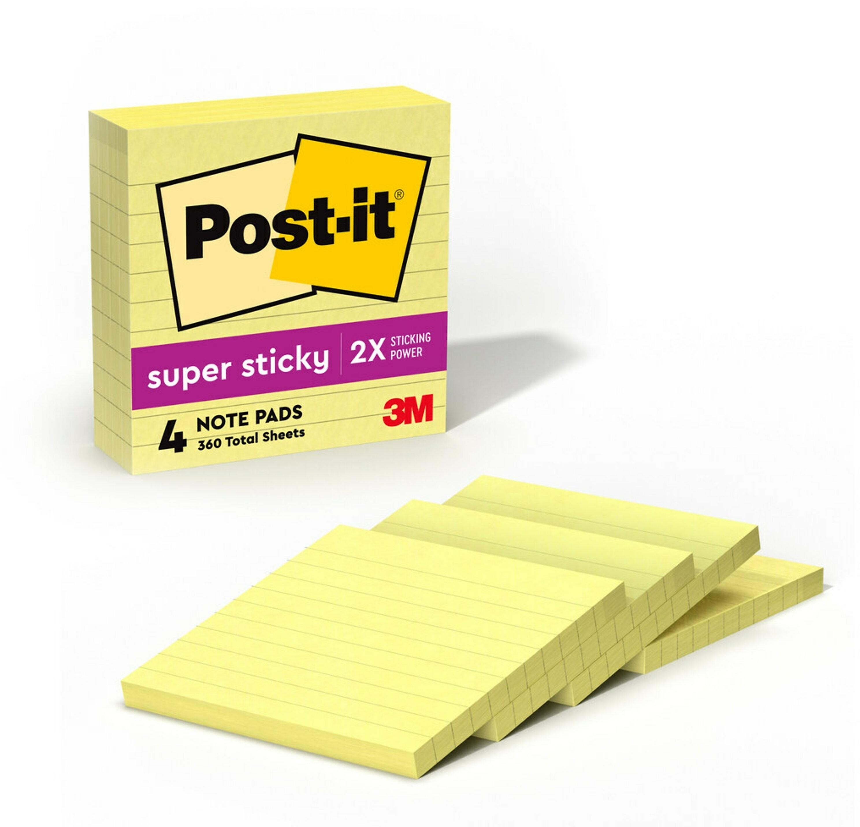 Post-it Super Sticky Notes, 4" x 4", Canary Collection, Lined, 90 Sheets/Pad, 4 Pads/Pack (675-4SSCY)
