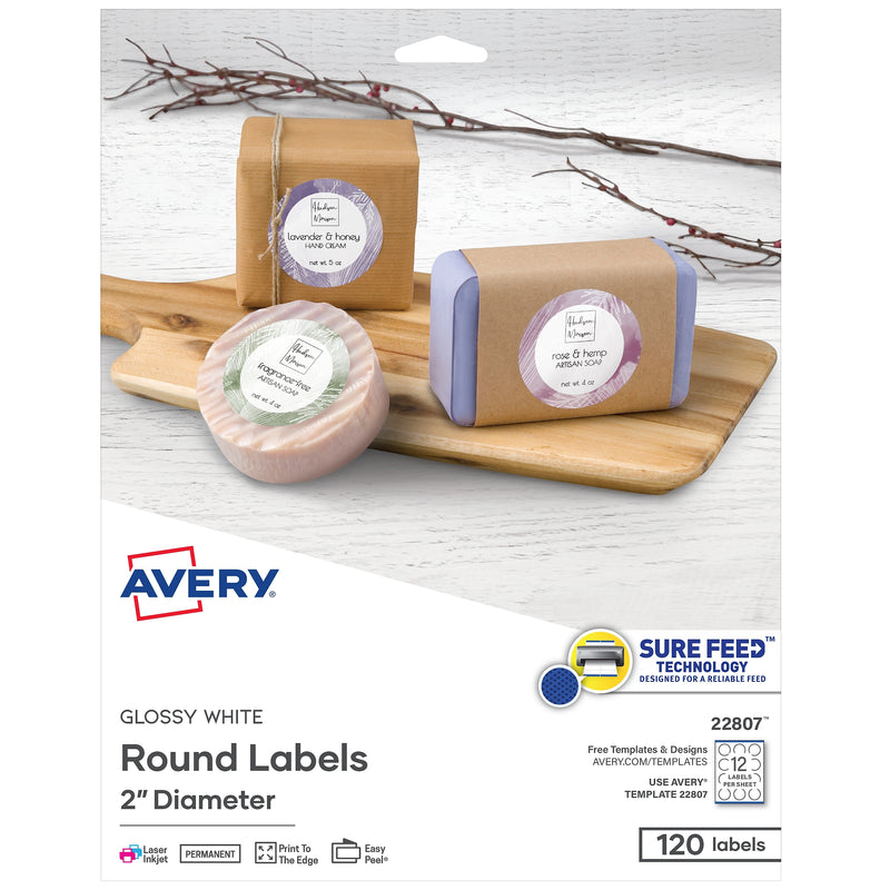 Avery Easy Peel Laser/Inkjet Round Labels, 2" Dia, Glossy White, 120 Labels/Pack (22807)
